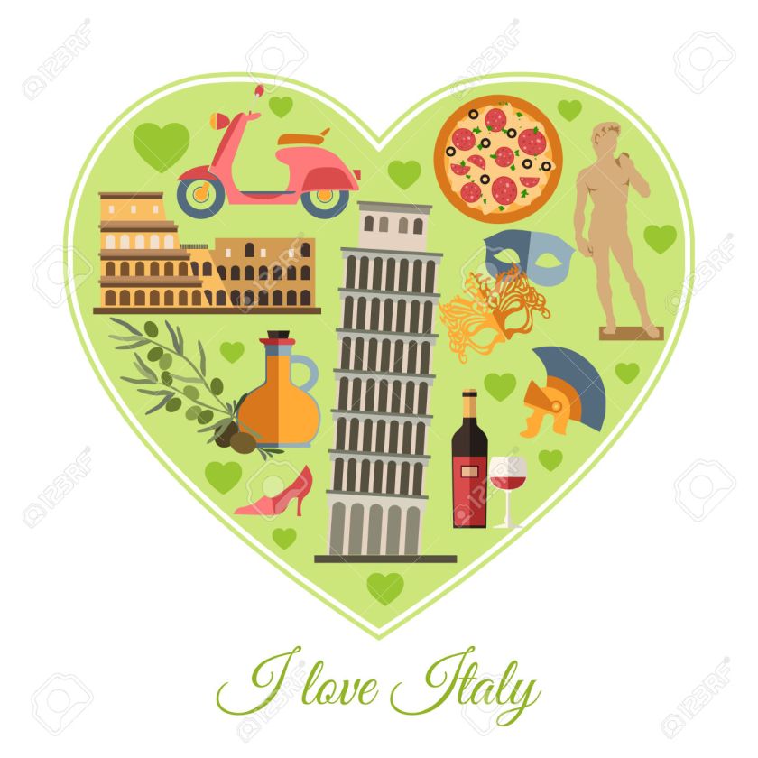 I love Italy. Italy travel background with place for text. Isolated heart shape with Italy flat icons. Italy symbols for your design.